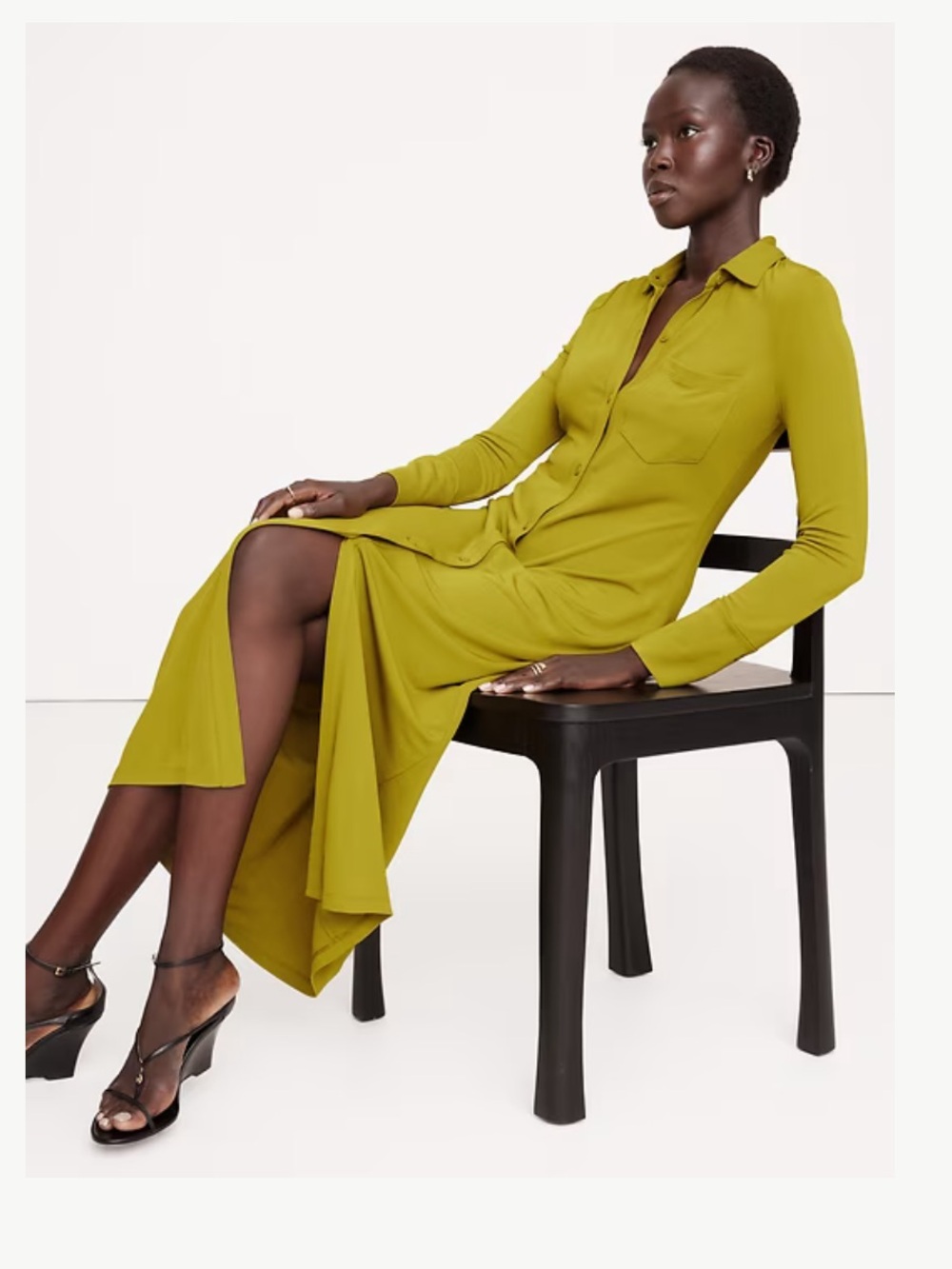 Banana Republic Long Sleeve High-Low Shirt Dress in Olive